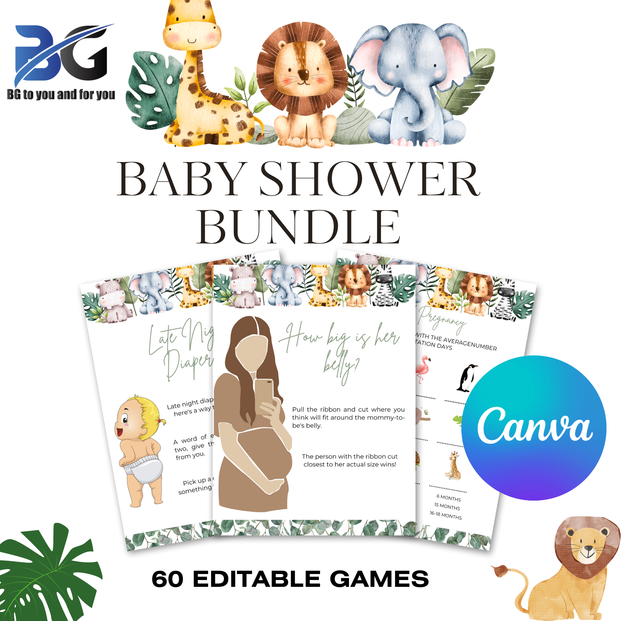 Greenery Safari Jungle Baby Shower Game Bundle